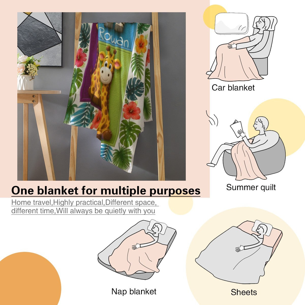 Personalized Safari Animals Blanket with Name | 3D Cartoon Grid Design | Custom Kids Gift