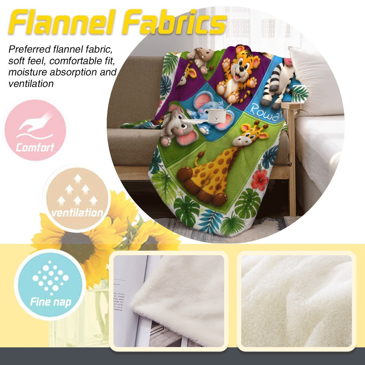 Personalized Safari Animals Blanket with Name | 3D Cartoon Grid Design | Custom Kids Gift