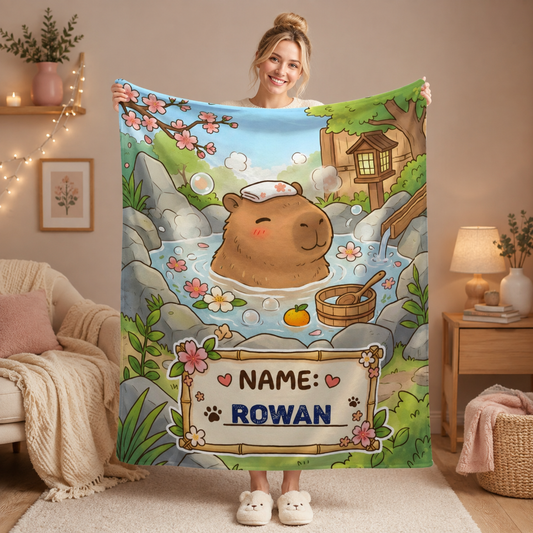 Personalized Capybara Hot Spring Blanket with Name | Kawaii Capybara in Japanese Onsen, Cherry Blossoms, Name on Bamboo Sign | Custom Gift for Capybara Lovers
