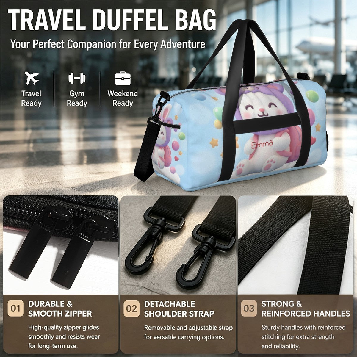 Personalized Kawaii Bunny Cat Duffel Bag with Custom Name – Pastel Travel, Gym & Weekend Bag