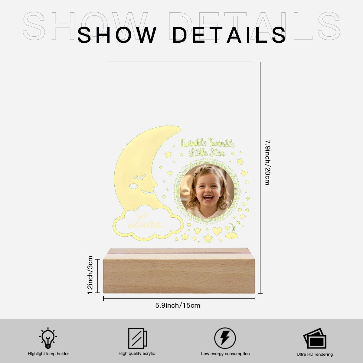 Personalized Twinkle Little Star Baby Photo Night Light | Moon, Stars, and Name | Custom Nursery Gift
