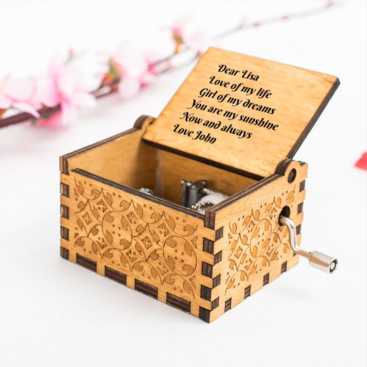 Personalized Wooden Music Box - You Are My Sunshine | Custom Message Engraved Inside | Pine with Laser-Engraved Vine Exterior | Hand-Crank