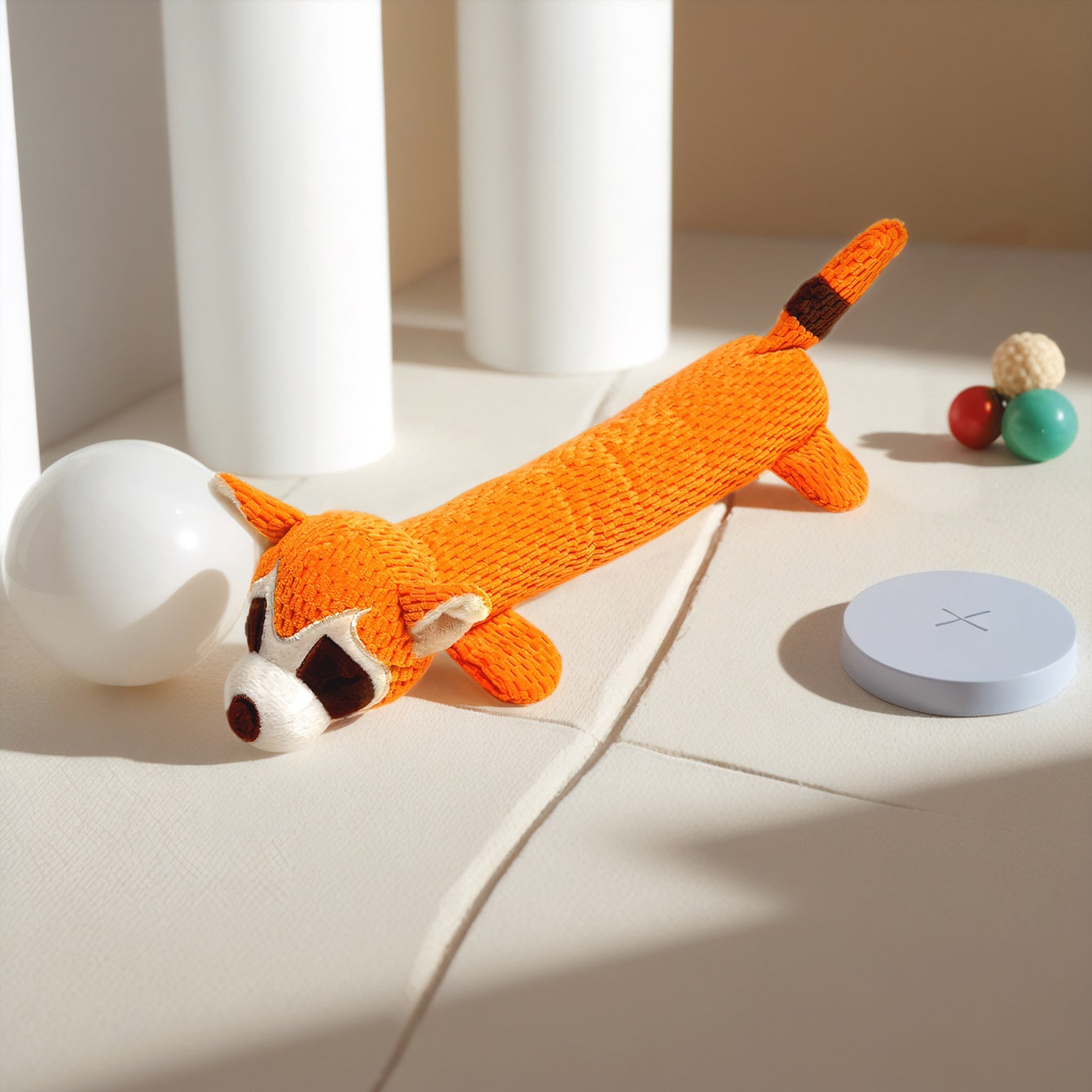 Orange Fox Plush Toy with textured fabric and playful design.