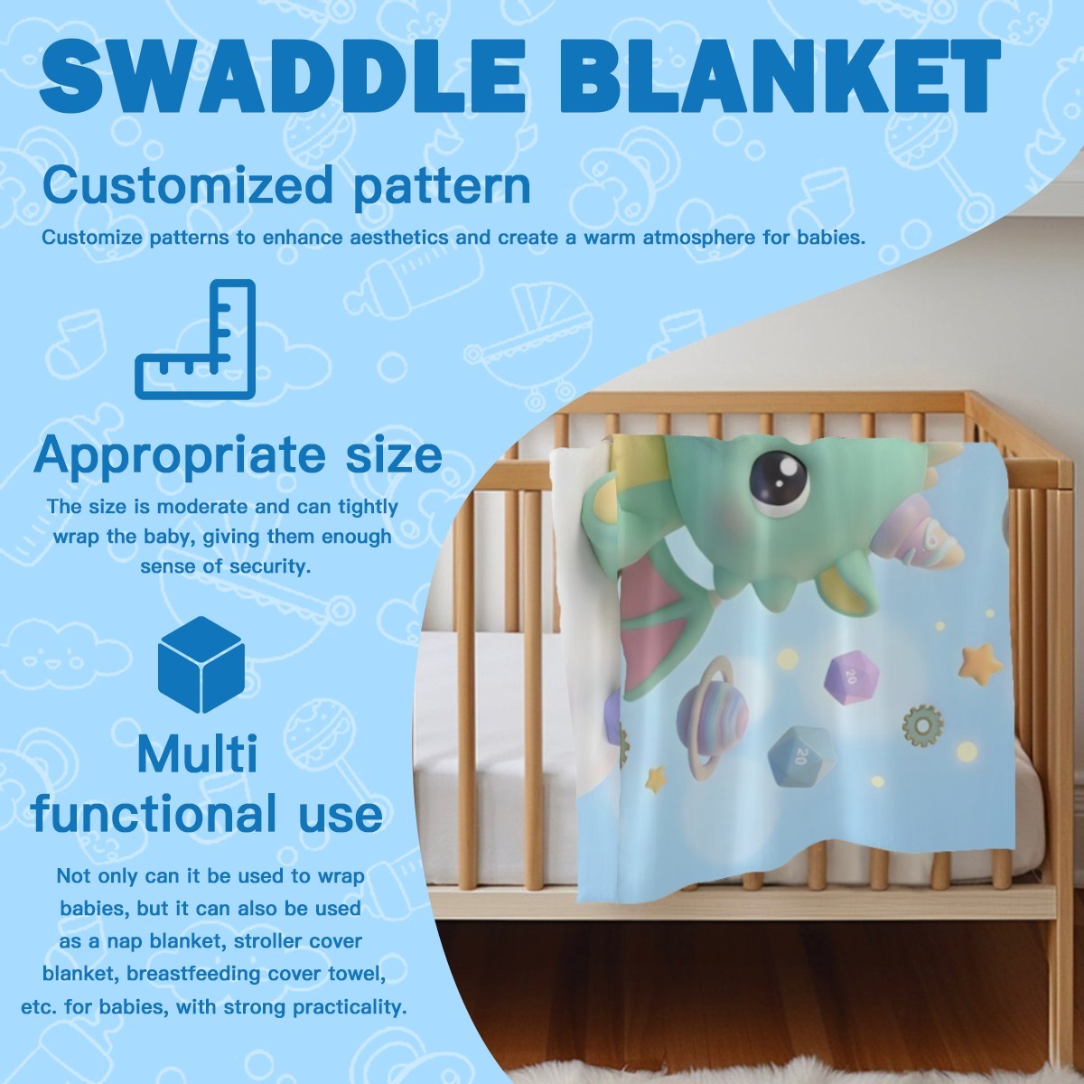 Personalized Green Dragon Baby Swaddle & Hat Set | Custom Name Gift