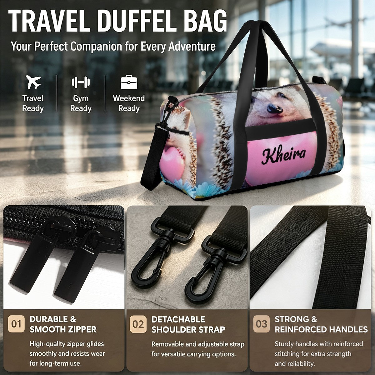 Personalized Hedgehog Heart Duffel Bag with Custom Name – Cute Travel, Gym & Weekend Bag