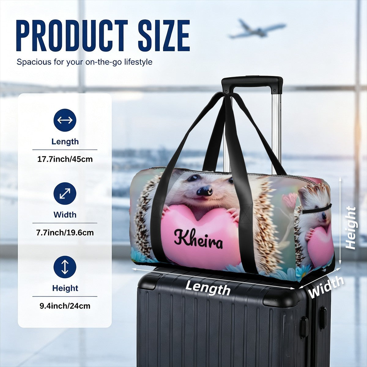 Personalized Hedgehog Heart Duffel Bag with Custom Name – Cute Travel, Gym & Weekend Bag