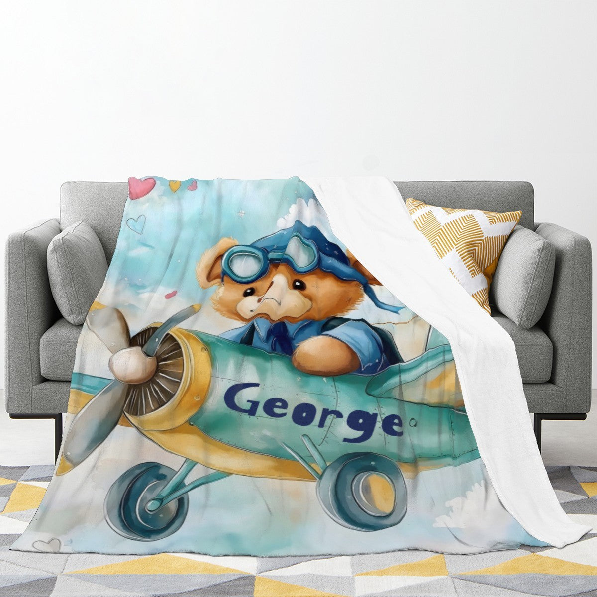 Personalized Teddy Bear Pilot Blanket with Name | Aviation Adventure Design | Custom Baby & Kids Gift