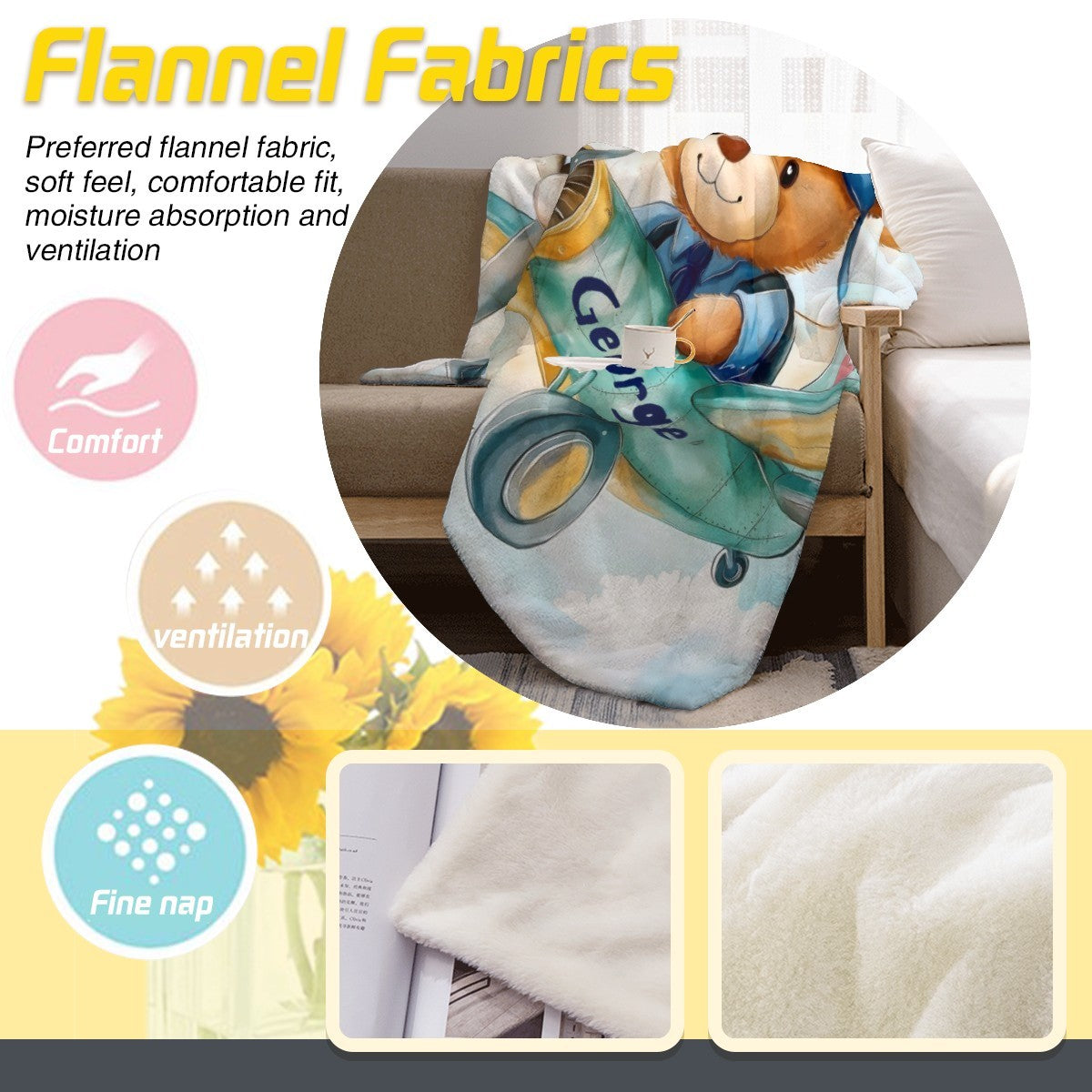 Personalized Teddy Bear Pilot Blanket with Name | Aviation Adventure Design | Custom Baby & Kids Gift