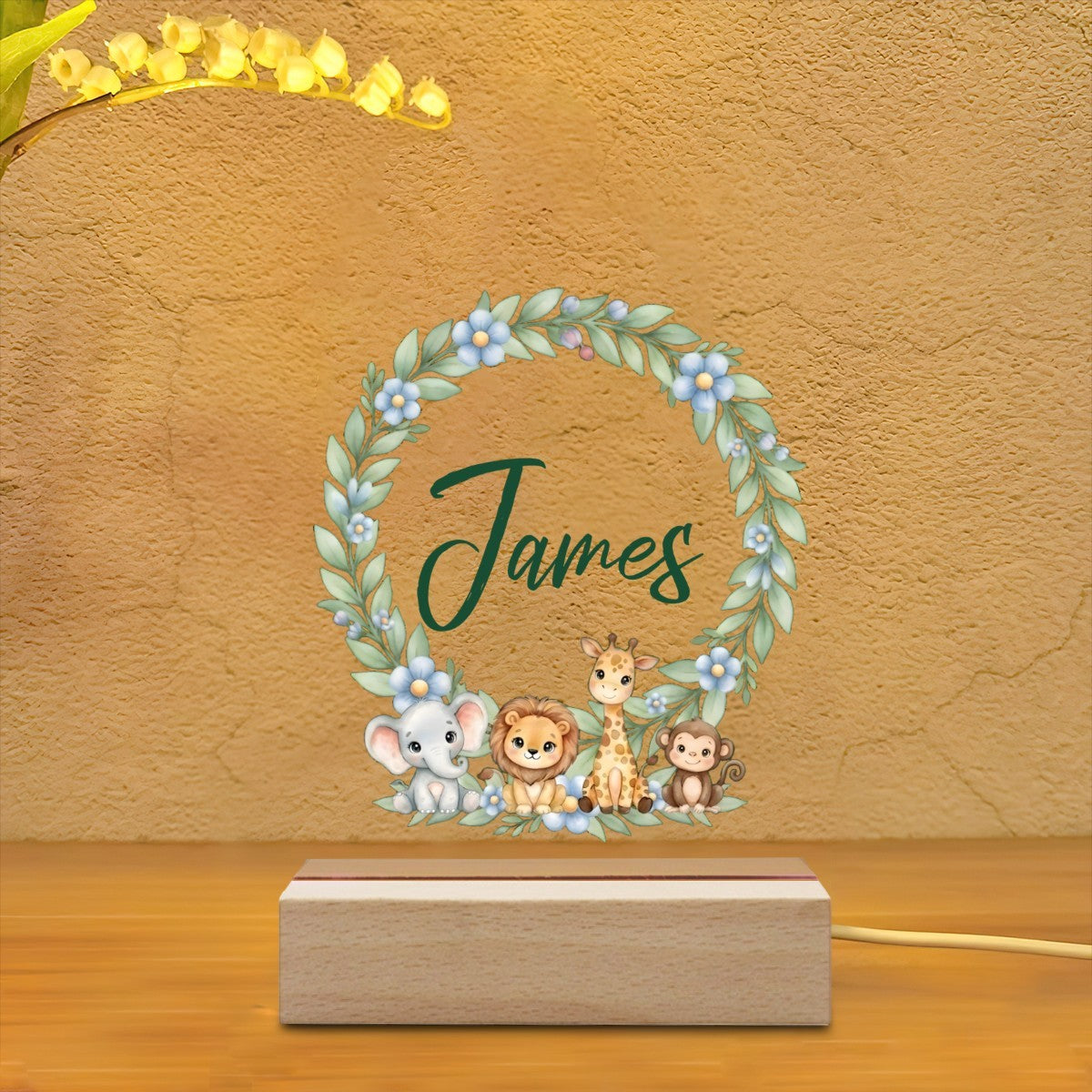 Personalized Baby Safari Night Light with Name | Botanical Wreath, Elephant, Lion, Giraffe, and Monkey | Gender Neutral Nursery Gift