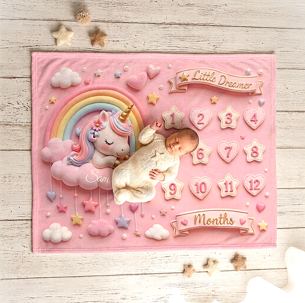 Personalized  Pink Unicorn Baby Milestone Blanket | Little Dreamer Sleeping Unicorn on Rainbow Cloud | Month Numbers 1–12 | Monthly Photoshoot Prop for Baby Girls