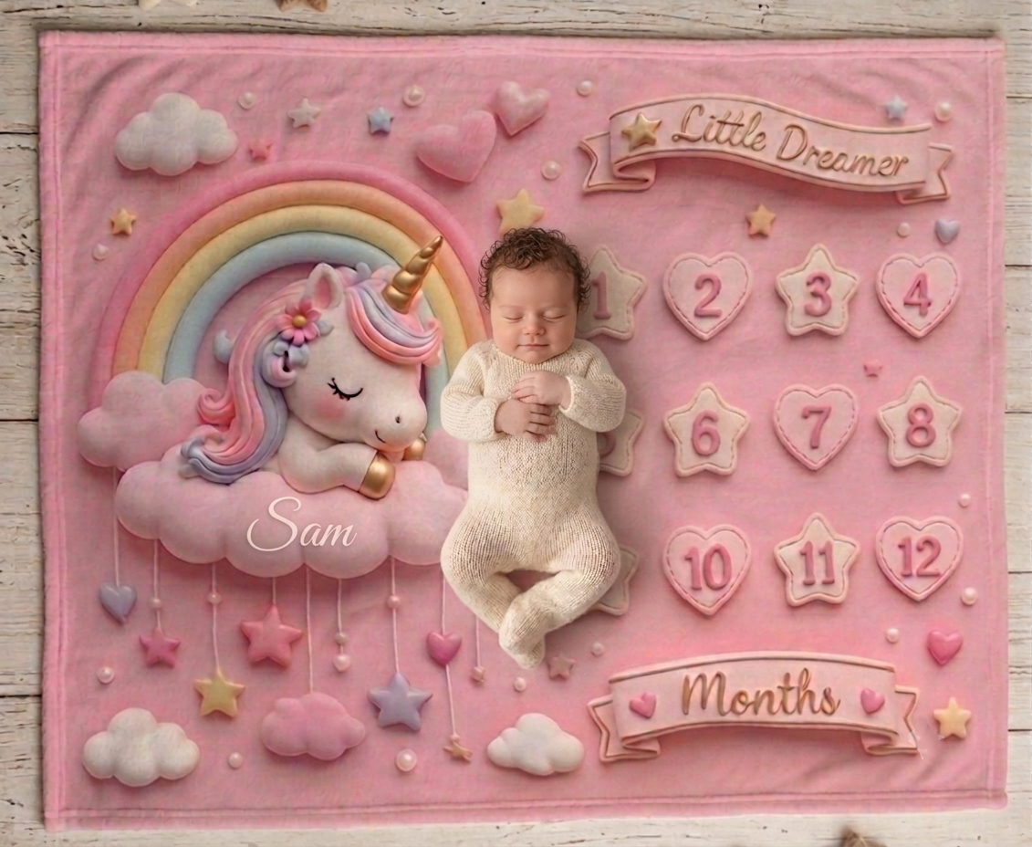 Personalized  Pink Unicorn Baby Milestone Blanket | Little Dreamer Sleeping Unicorn on Rainbow Cloud | Month Numbers 1–12 | Monthly Photoshoot Prop for Baby Girls