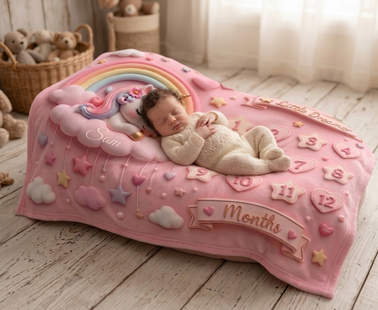 Personalized  Pink Unicorn Baby Milestone Blanket | Little Dreamer Sleeping Unicorn on Rainbow Cloud | Month Numbers 1–12 | Monthly Photoshoot Prop for Baby Girls