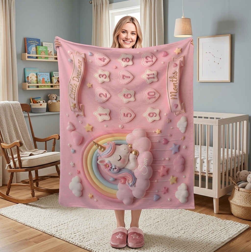 Personalized  Pink Unicorn Baby Milestone Blanket | Little Dreamer Sleeping Unicorn on Rainbow Cloud | Month Numbers 1–12 | Monthly Photoshoot Prop for Baby Girls