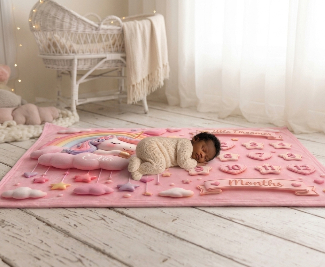 Personalized  Pink Unicorn Baby Milestone Blanket | Little Dreamer Sleeping Unicorn on Rainbow Cloud | Month Numbers 1–12 | Monthly Photoshoot Prop for Baby Girls
