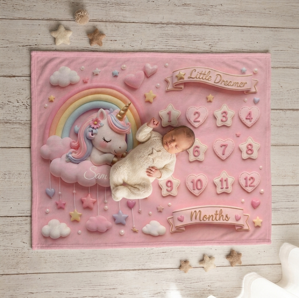Personalized  Pink Unicorn Baby Milestone Blanket | Little Dreamer Sleeping Unicorn on Rainbow Cloud | Month Numbers 1–12 | Monthly Photoshoot Prop for Baby Girls