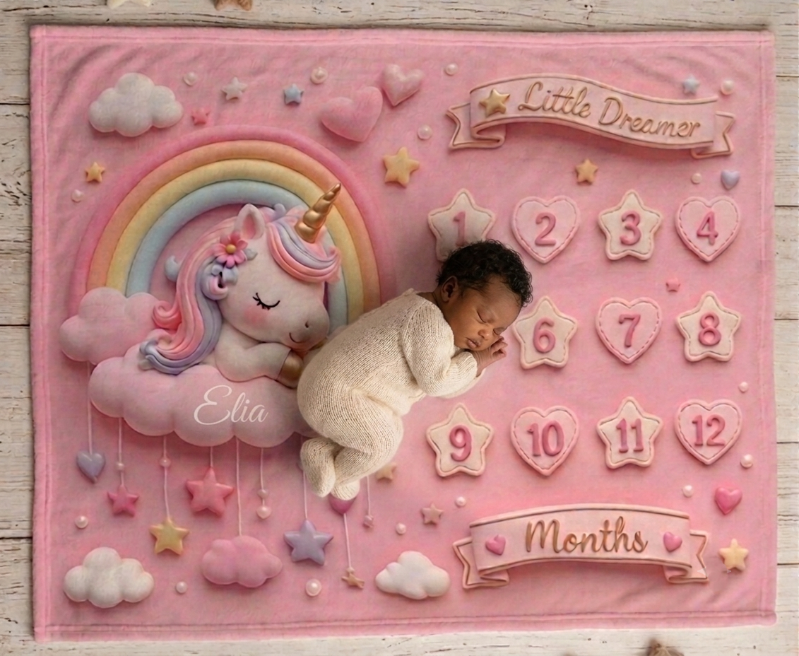 Personalized  Pink Unicorn Baby Milestone Blanket | Little Dreamer Sleeping Unicorn on Rainbow Cloud | Month Numbers 1–12 | Monthly Photoshoot Prop for Baby Girls