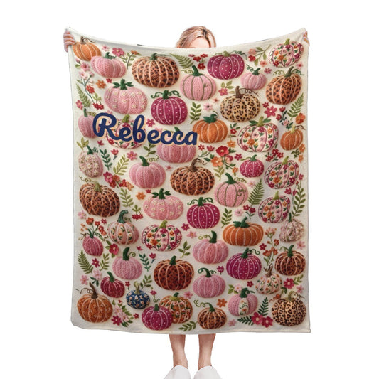 Personalized Pumpkin Blanket with Name - Custom Fall Fleece Throw with Embroidery-Style Pumpkin Print for Girls, Women and Kids