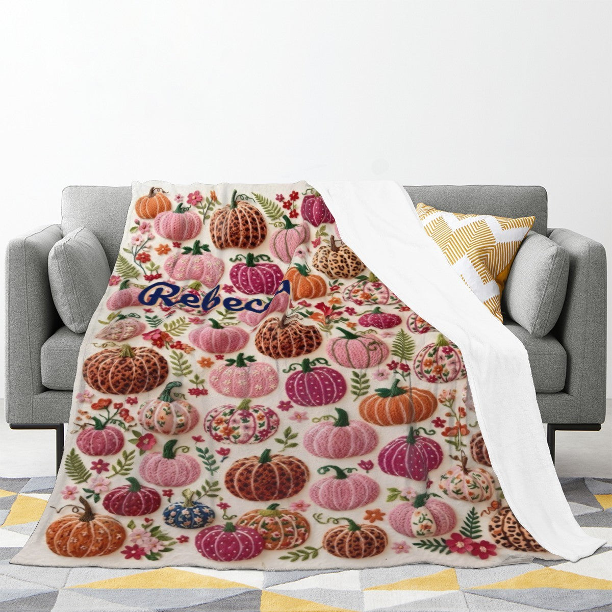 Personalized Pumpkin Blanket with Name - Custom Fall Fleece Throw with Embroidery-Style Pumpkin Print for Girls, Women and Kids