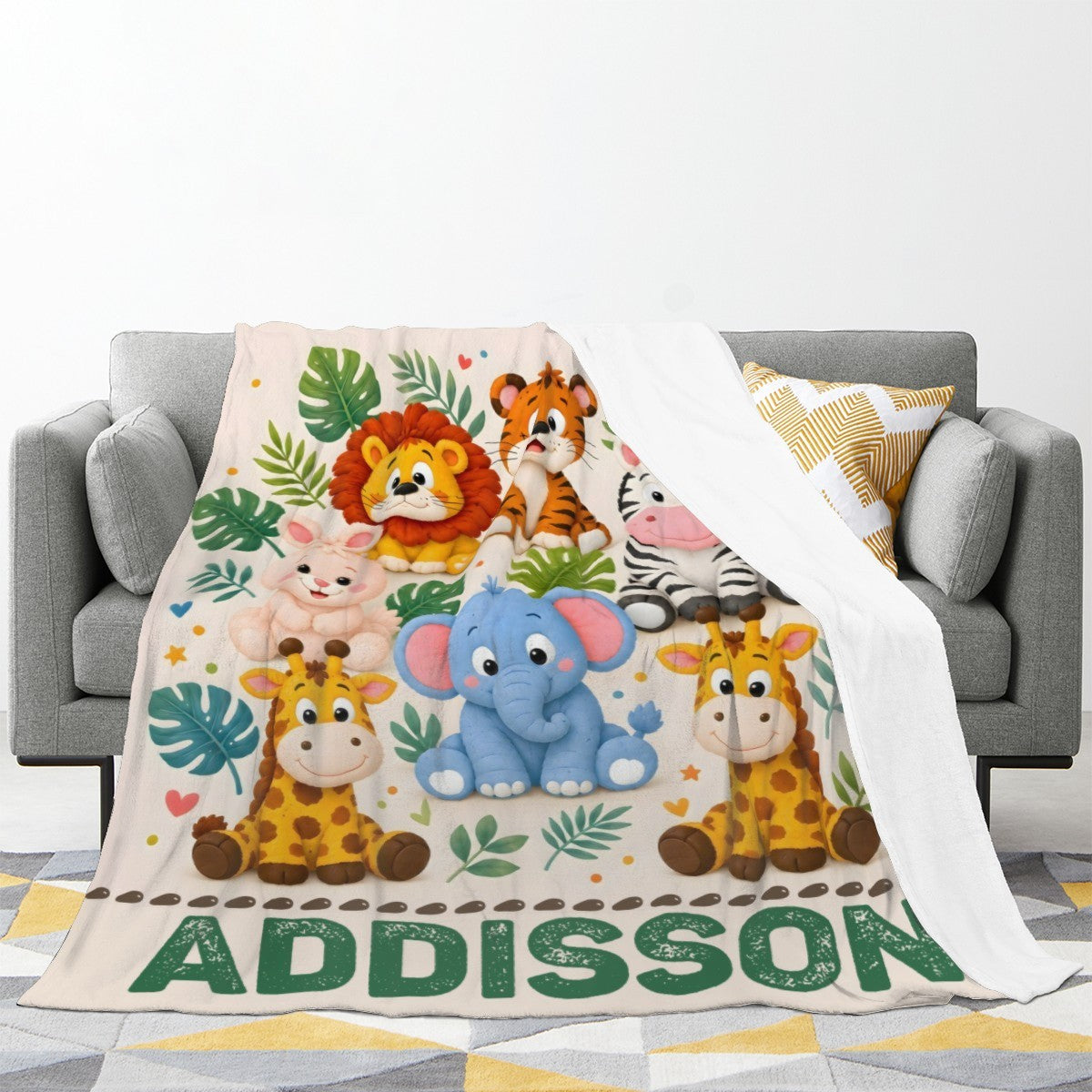 Personalized Safari Animals Blanket with Name | Clustered Group Portrait Design | Custom Kids Gift