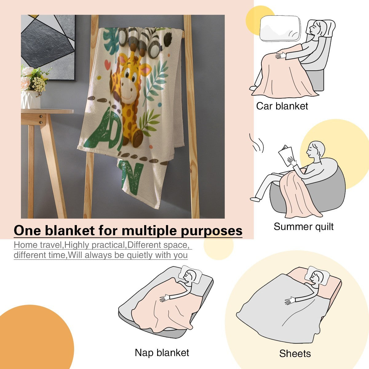 Personalized Safari Animals Blanket with Name | Clustered Group Portrait Design | Custom Kids Gift
