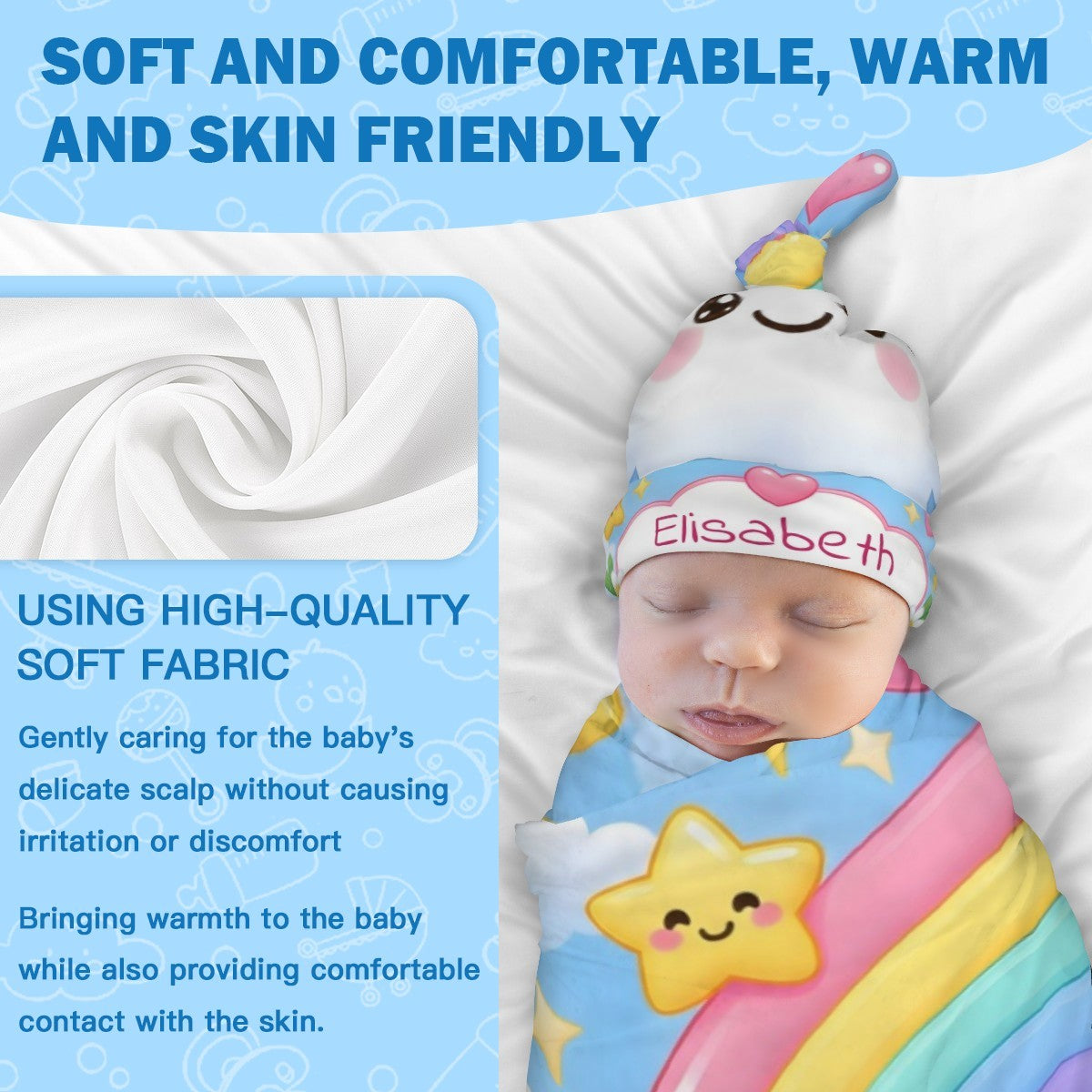Personalized Rainbow Cloud Baby Swaddle & Hat Set | Custom Name Gift
