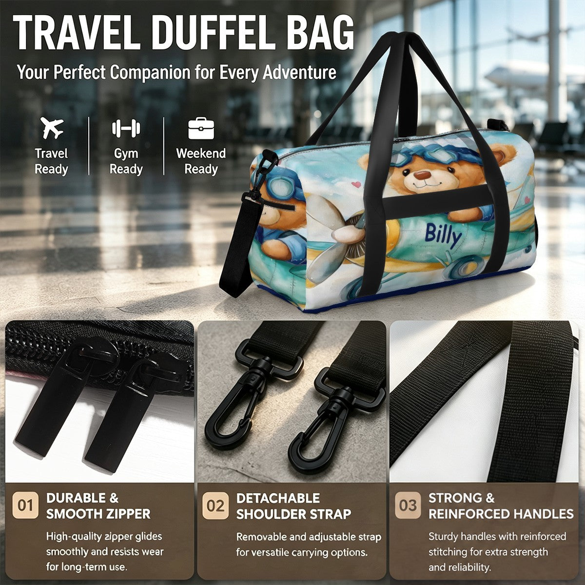 Personalized Pilot Teddy Bear Duffel Bag with Custom Name – Baby Travel, Gym & Weekend Bag