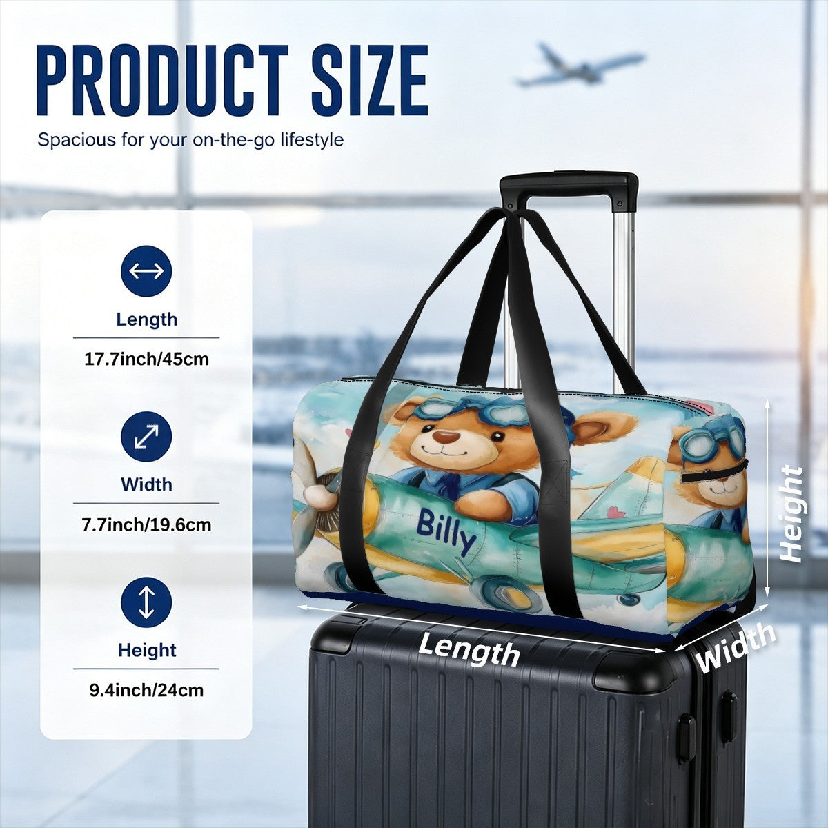 Personalized Pilot Teddy Bear Duffel Bag with Custom Name – Baby Travel, Gym & Weekend Bag