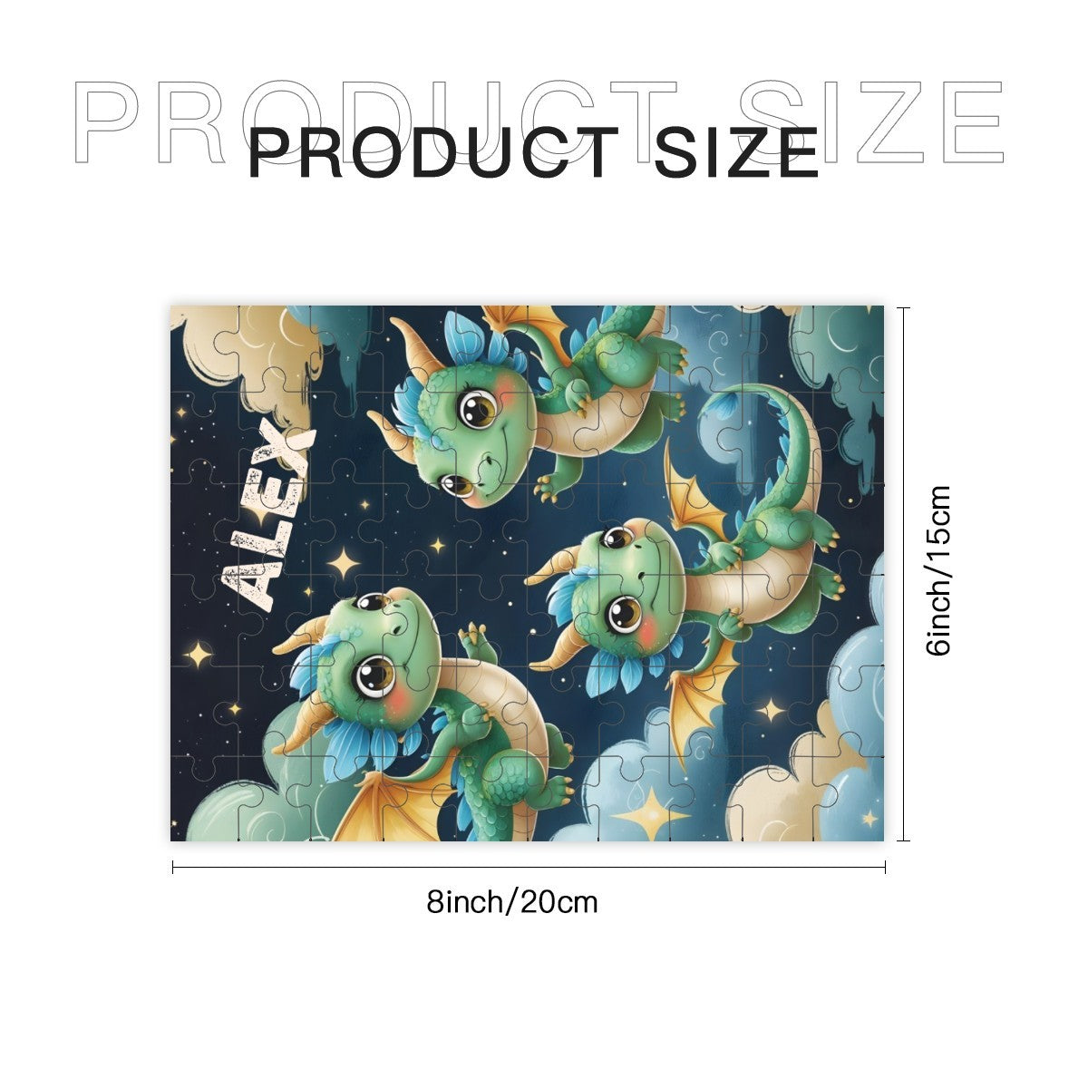 Personalized Dragon Wooden Puzzle with Name | Three Kawaii Baby Dragons in a Midnight Starry Sky | 60 Pieces | Gift for Boys