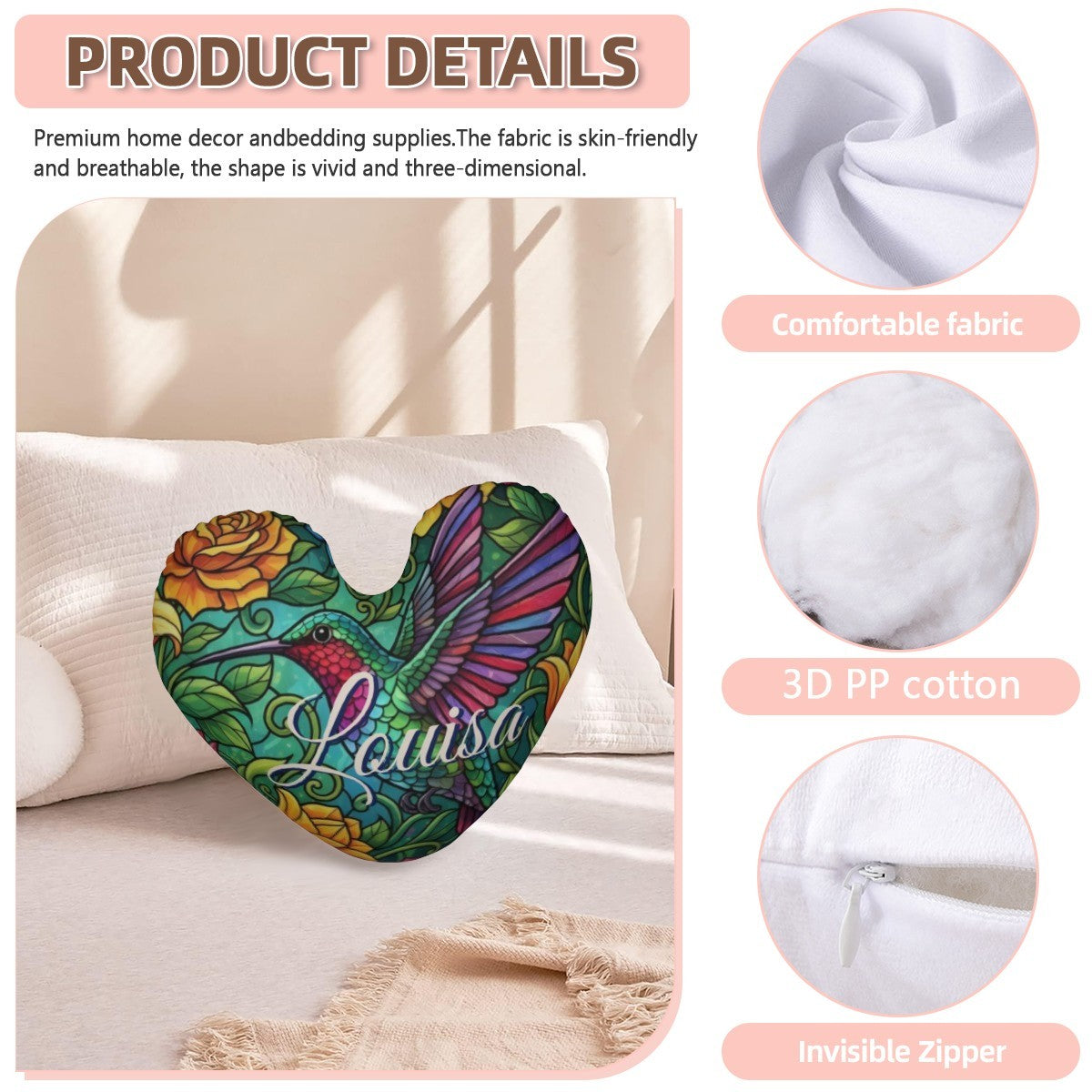 Personalized Hummingbird Heart Pillow with Name | Stained Glass Rainbow Wings, Golden Roses, Emerald Vines | Custom Gift for Hummingbird Lovers