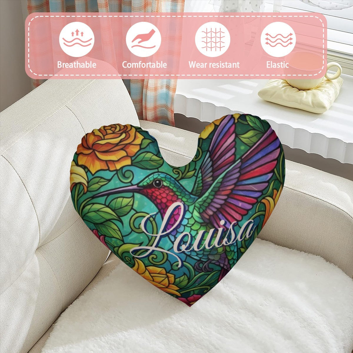 Personalized Hummingbird Heart Pillow with Name | Stained Glass Rainbow Wings, Golden Roses, Emerald Vines | Custom Gift for Hummingbird Lovers