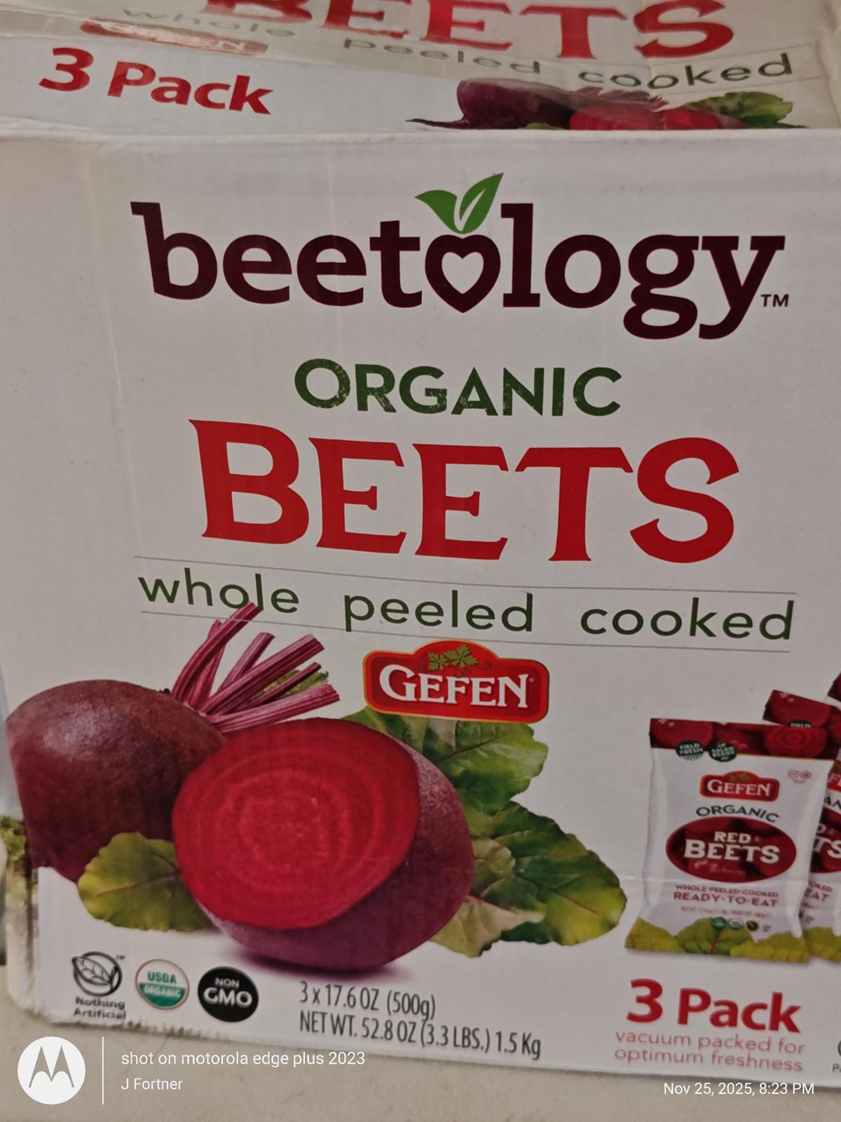 Beetology organic beets pack featuring whole peeled cooked beets with vibrant colors.