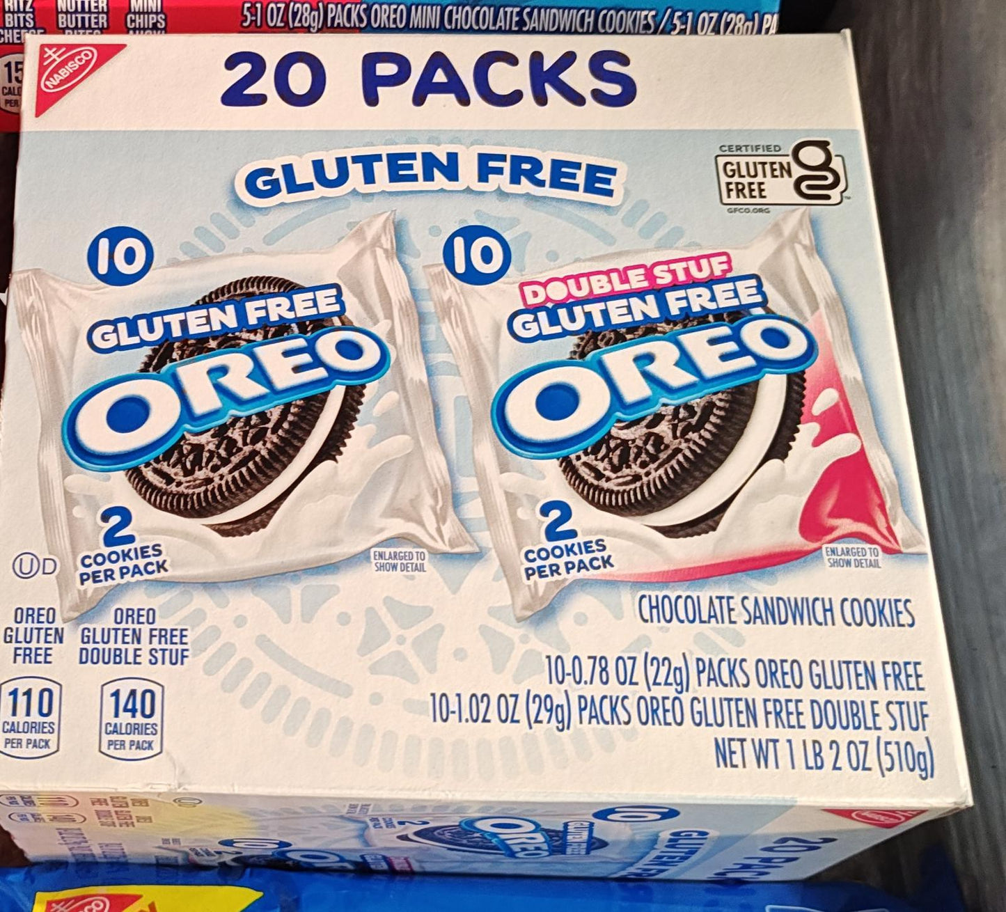 Oreo gluten free cookie packs featuring double stuffed and regular options, 20 packs total.