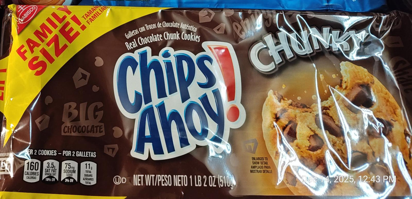 Chips Ahoy! Chunky cookies package featuring chocolate chip cookies and family size label.