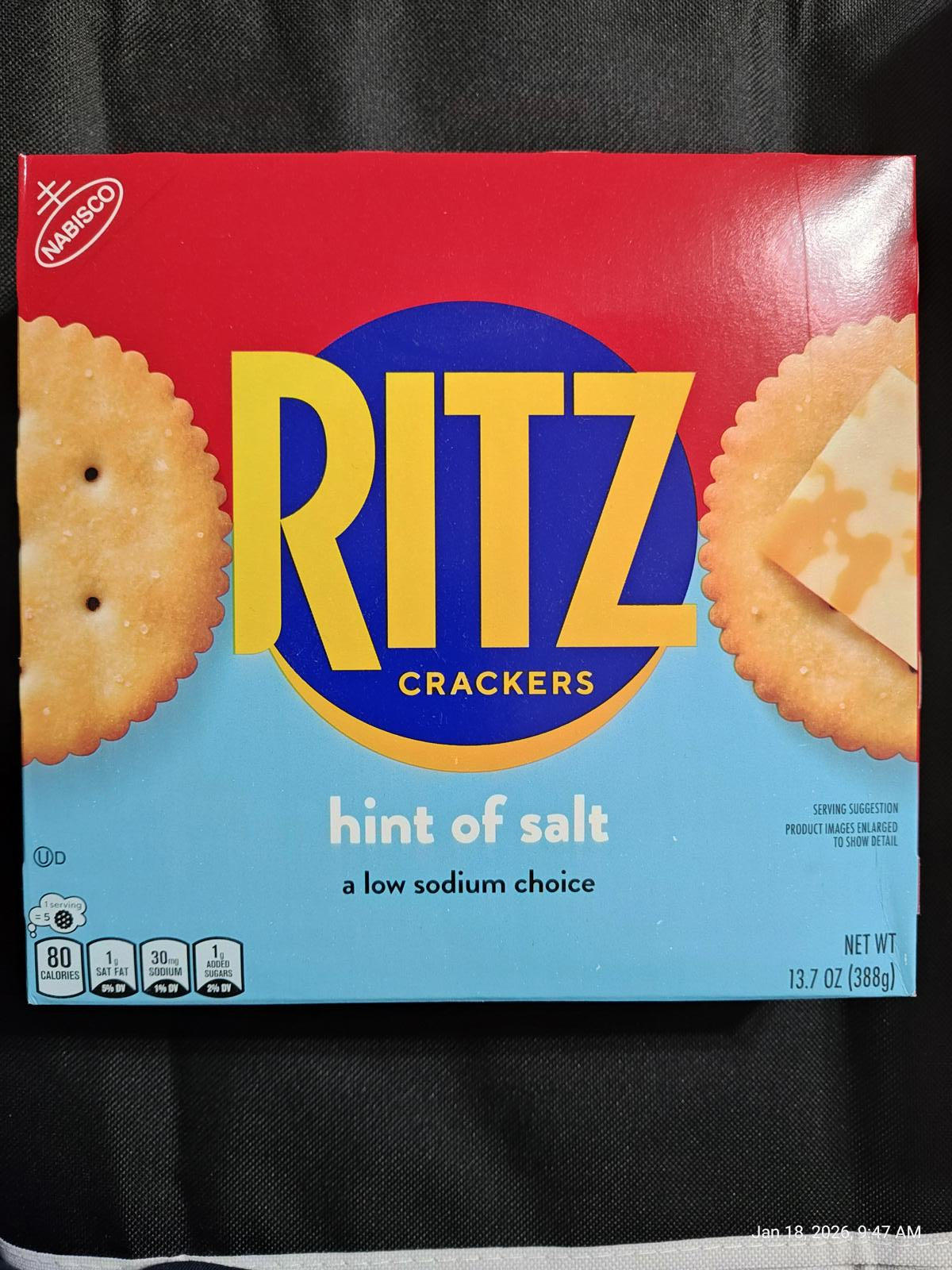 Ritz Crackers hint of salt box featuring low sodium choice with round crackers.