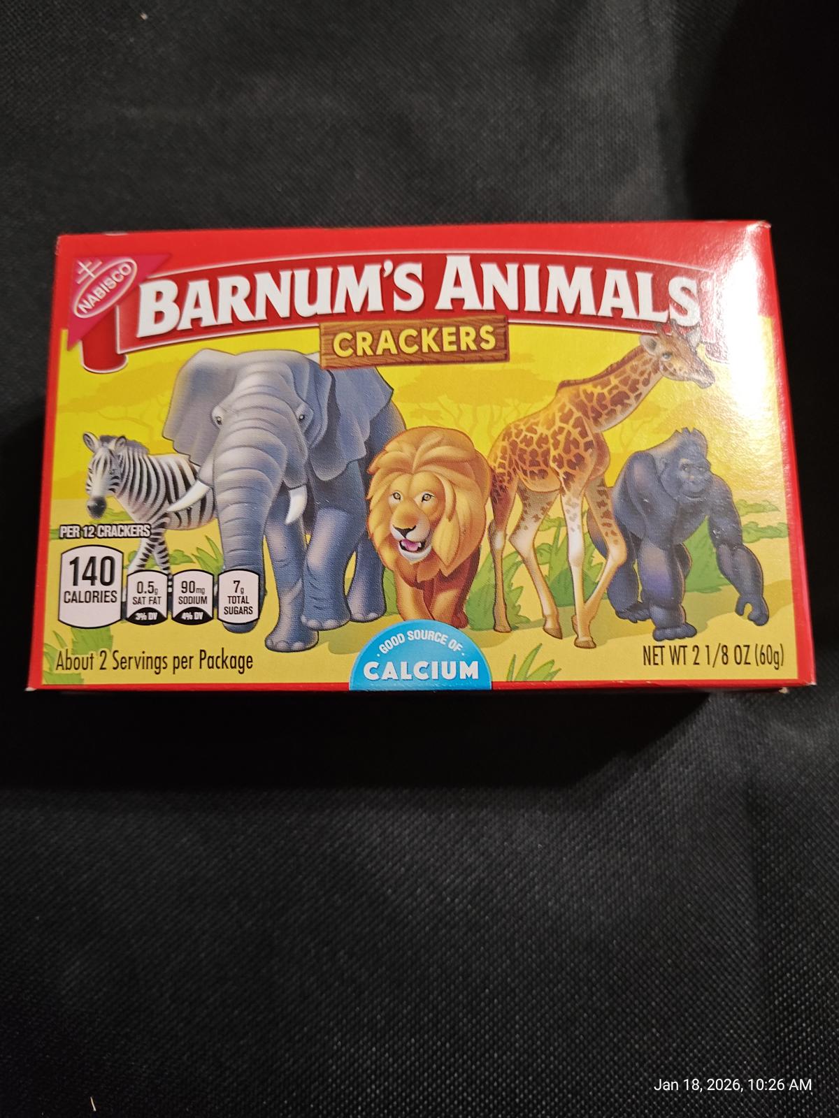 Barnum's Animals Crackers box featuring animal illustrations like a lion, elephant, and zebra.