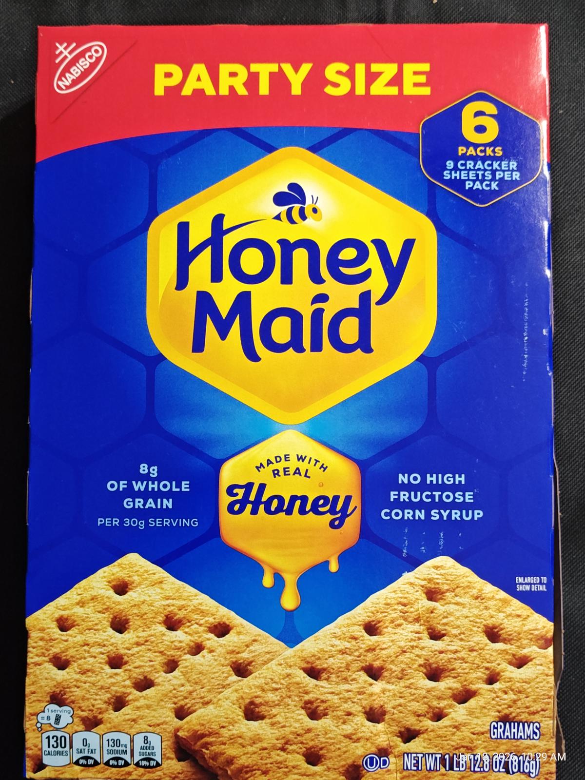 Honey Maid party size graham crackers with 6 packs, featuring whole grain and real honey.