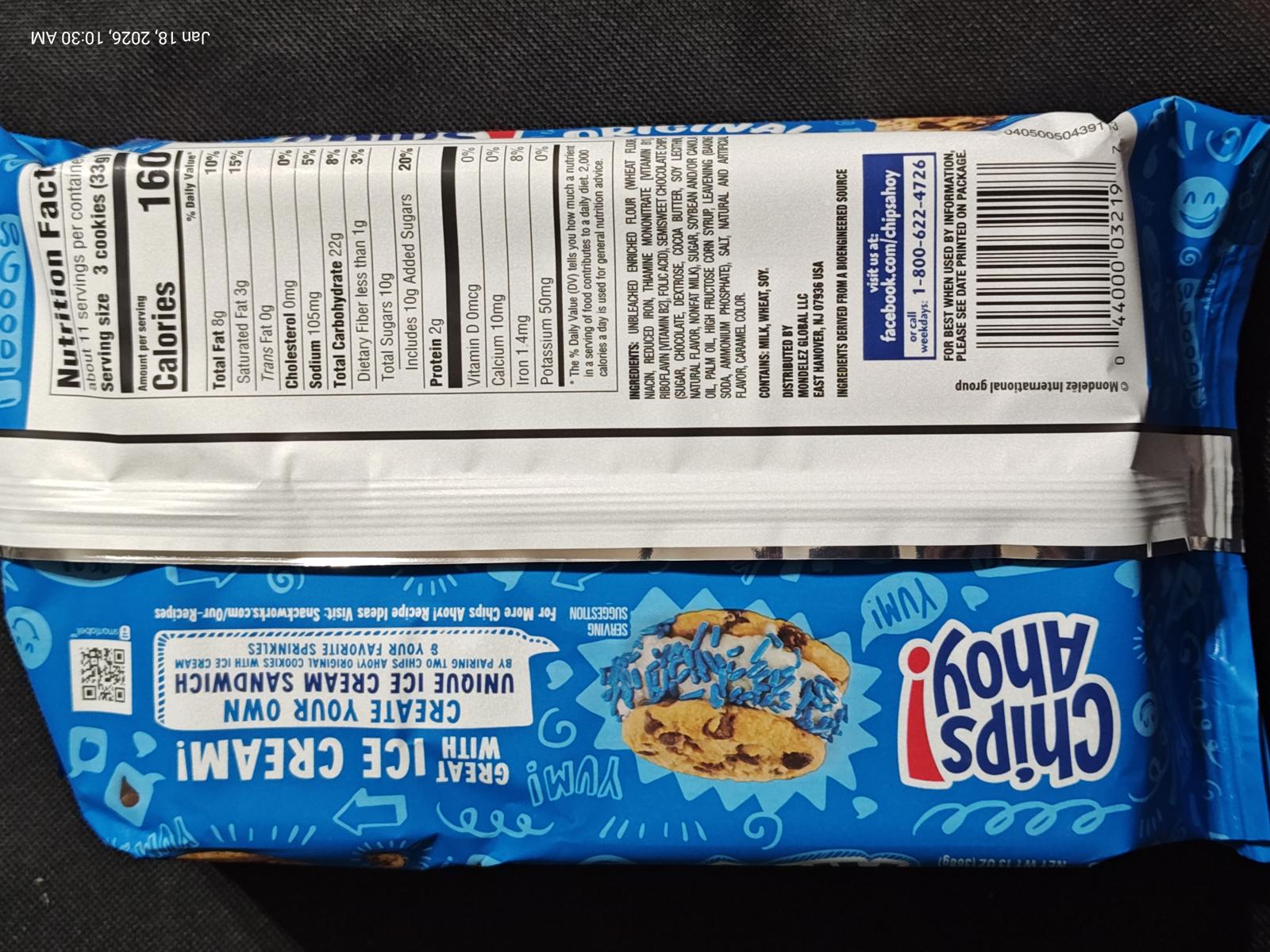 Chips Ahoy! cookie package featuring ice cream sandwich instructions and colorful design.