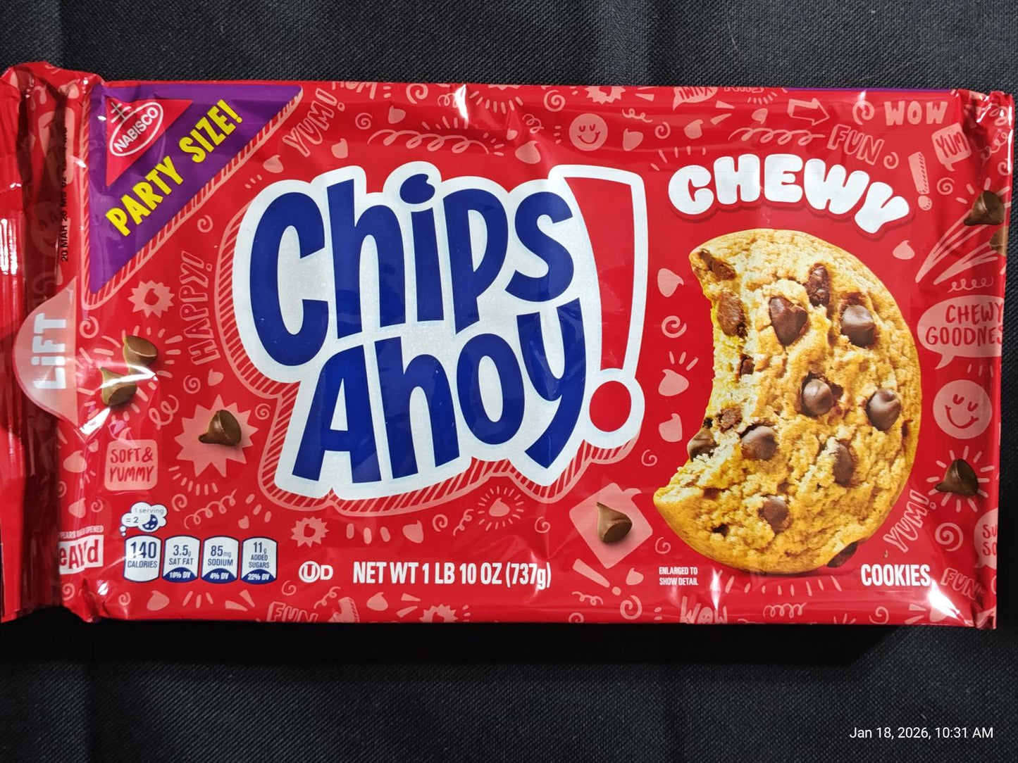 Chips Ahoy! Chewy cookies in a party size package with chocolate chips.