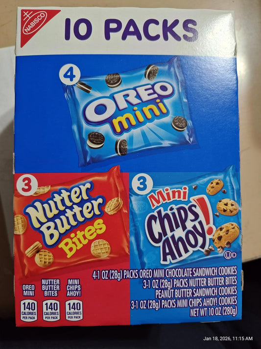 Oreo Mini, Nutter Butter Bites, and Mini Chips Ahoy! cookie variety pack with four and three packs respectively.