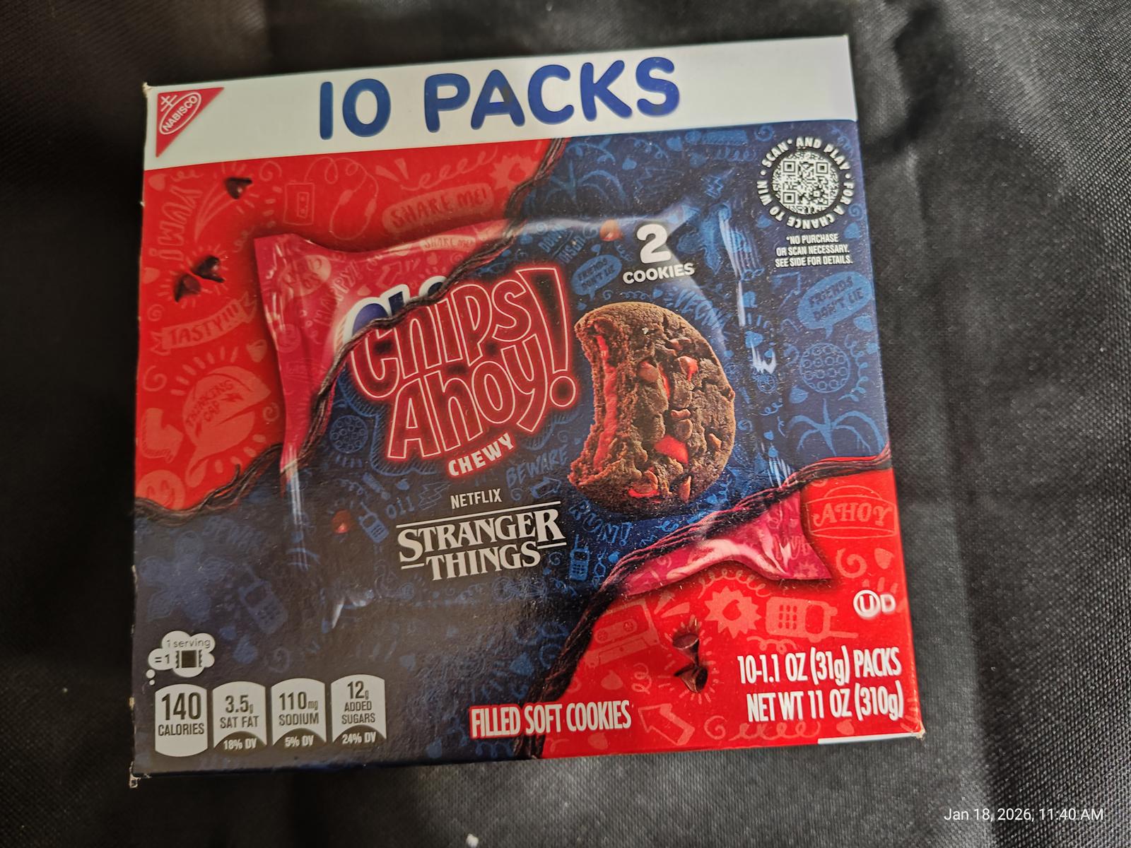 Chips Ahoy! Stranger Things cookies pack featuring 10 individual packs with colorful design.