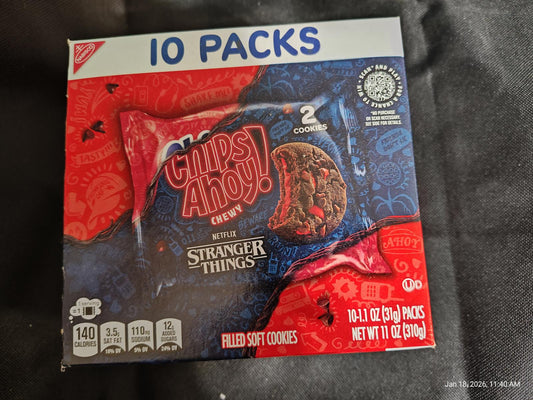 Chips Ahoy! Stranger Things cookies pack featuring 10 individual packs with colorful design.