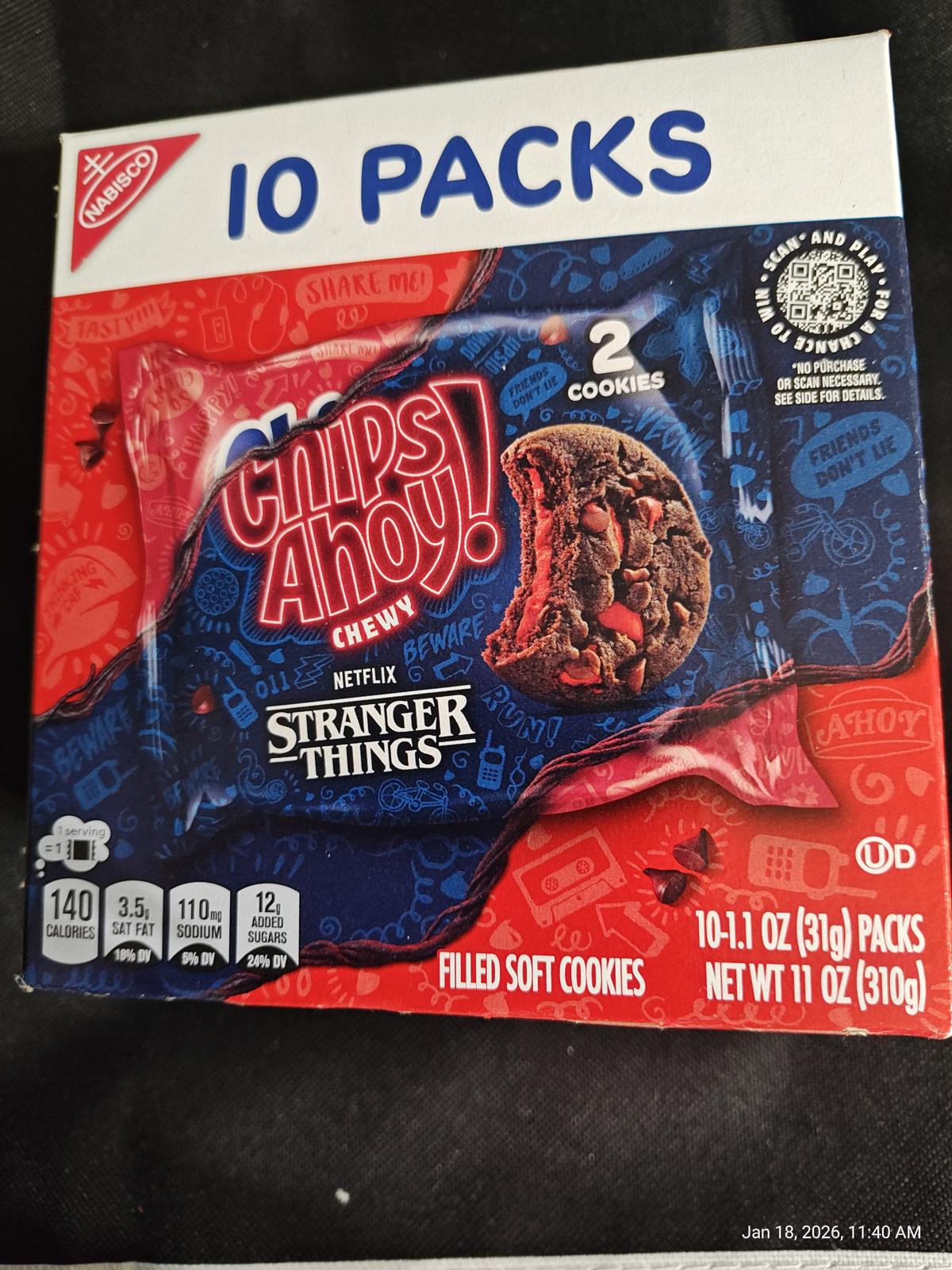 Chips Ahoy! filled soft cookies pack featuring Stranger Things design with two cookies visible.