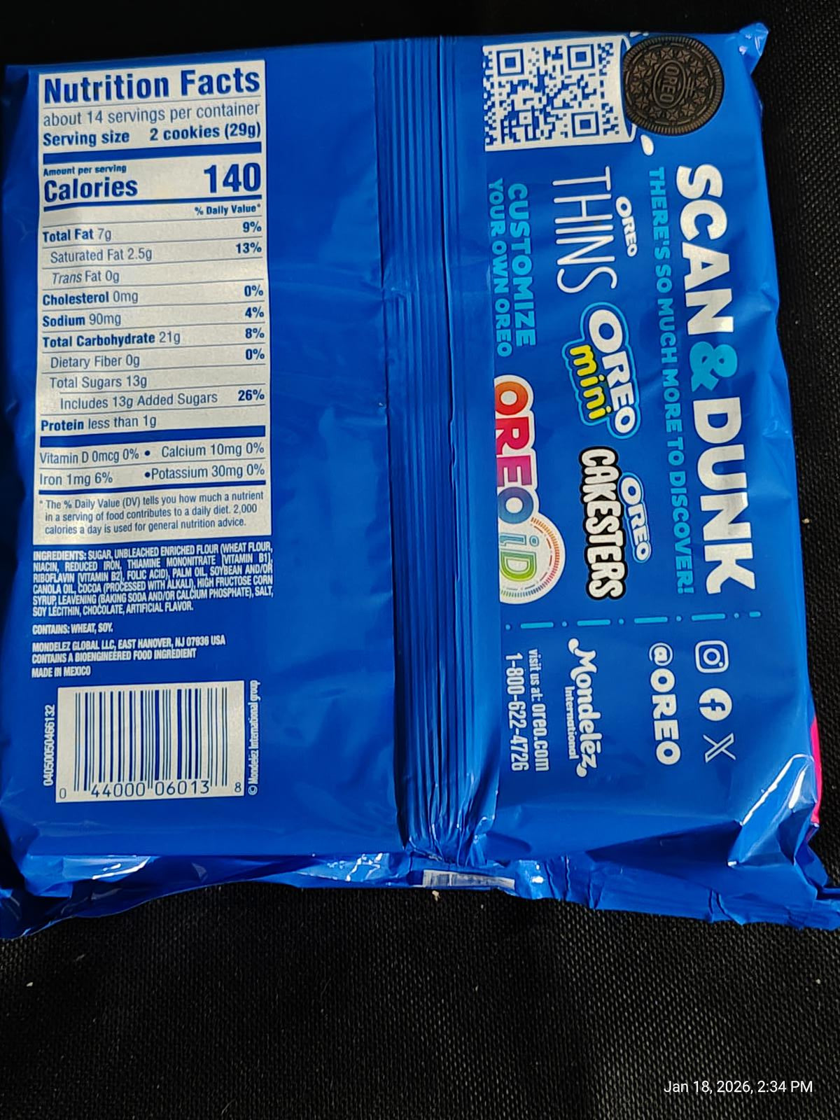 Oreo Thins Mini Crisps package featuring blue design and nutrition facts.