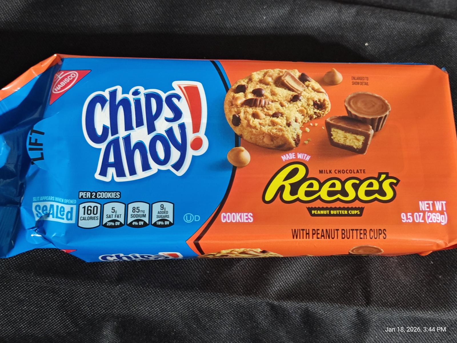 Chips Ahoy! cookies with Reese's peanut butter cups, featuring a blue and orange packaging.