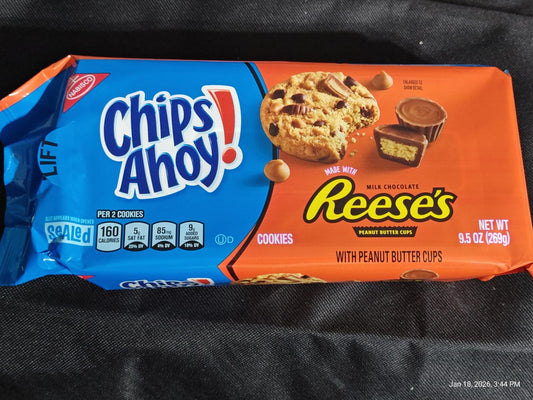Chips Ahoy! cookies with Reese's peanut butter cups, featuring a colorful packaging design.