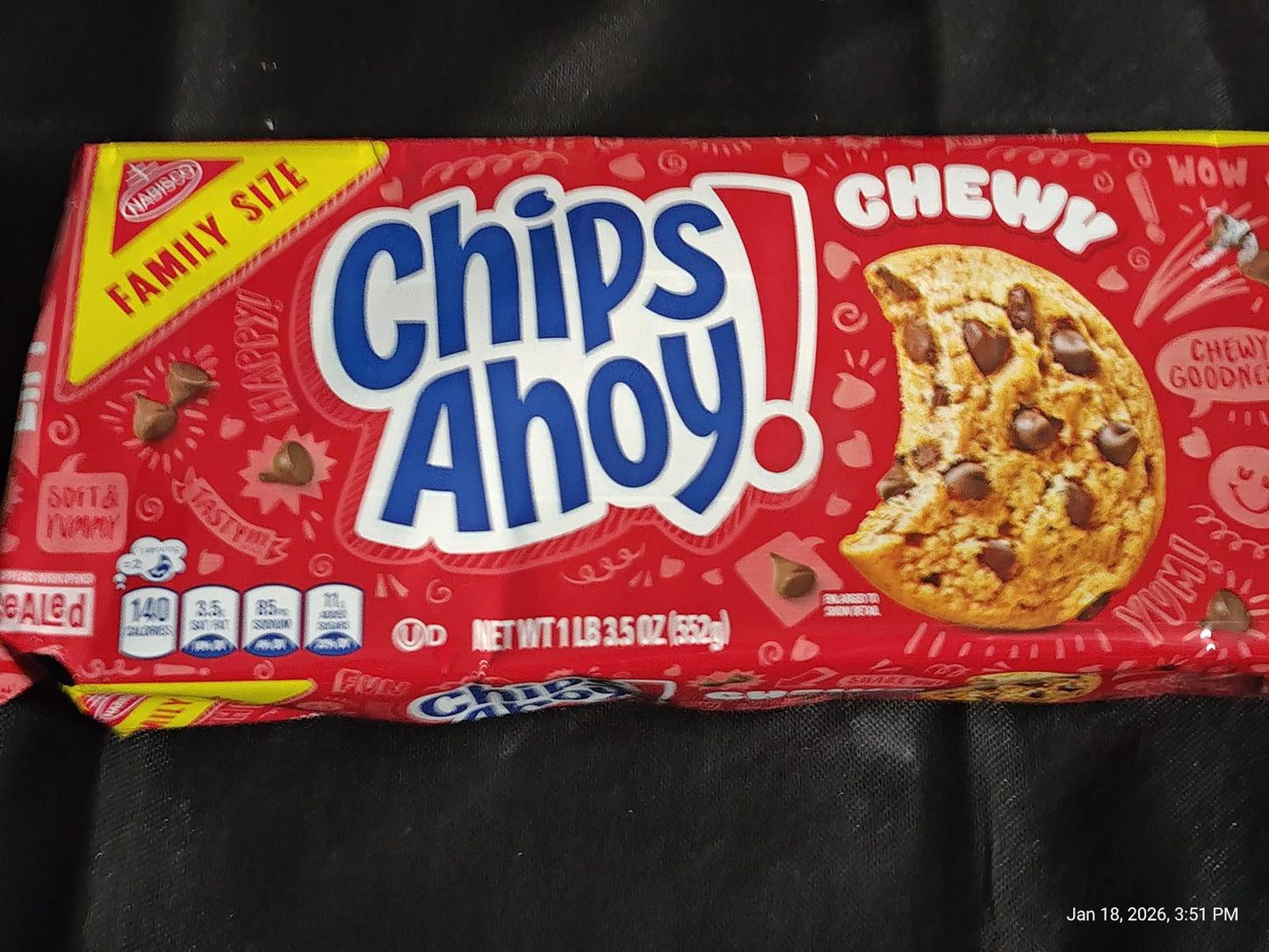 Chips Ahoy! Chewy cookies in a family size package with chocolate chips.