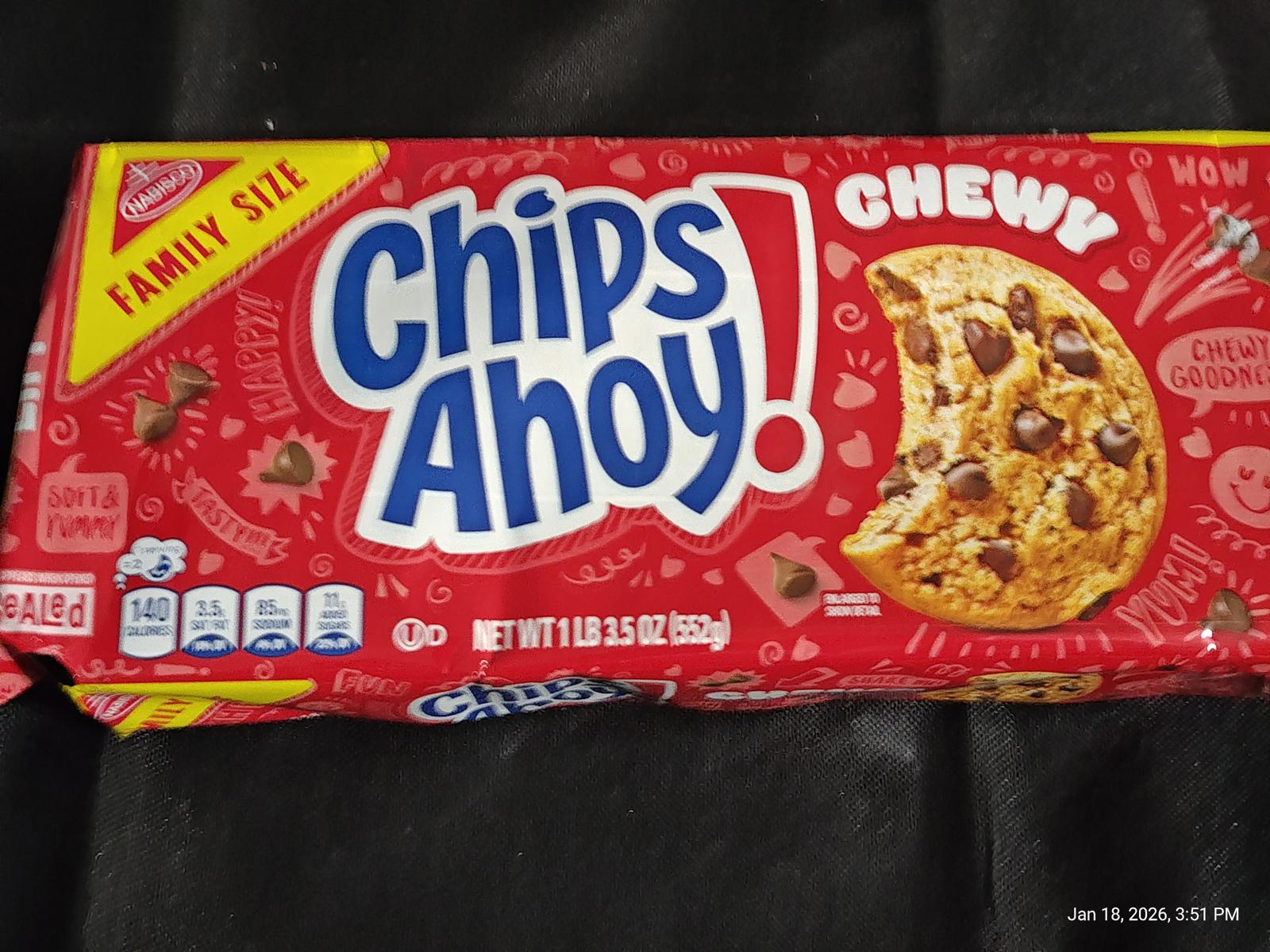 Chips Ahoy! Chewy cookies in a family size package with chocolate chips.