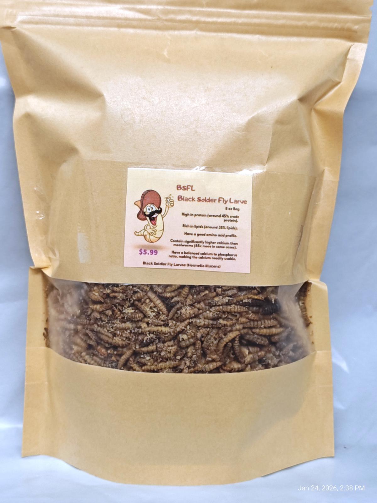 BSF ( Black Solider Fly Larvae) 8 oz bag Resealable Packed Fresh Monthly