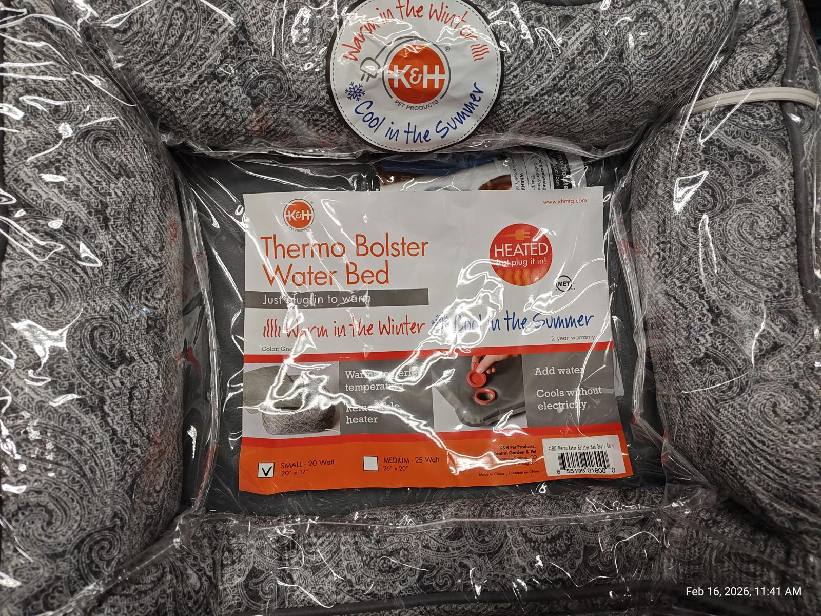 Thermo Bolster Water Bed featuring a stylish gray design and packaging details.