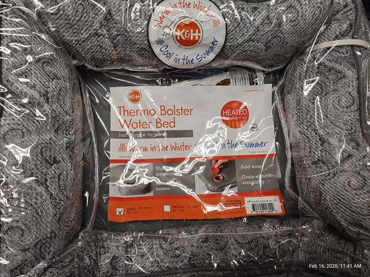 Thermo Bolster Water Bed featuring a stylish gray design and packaging details.